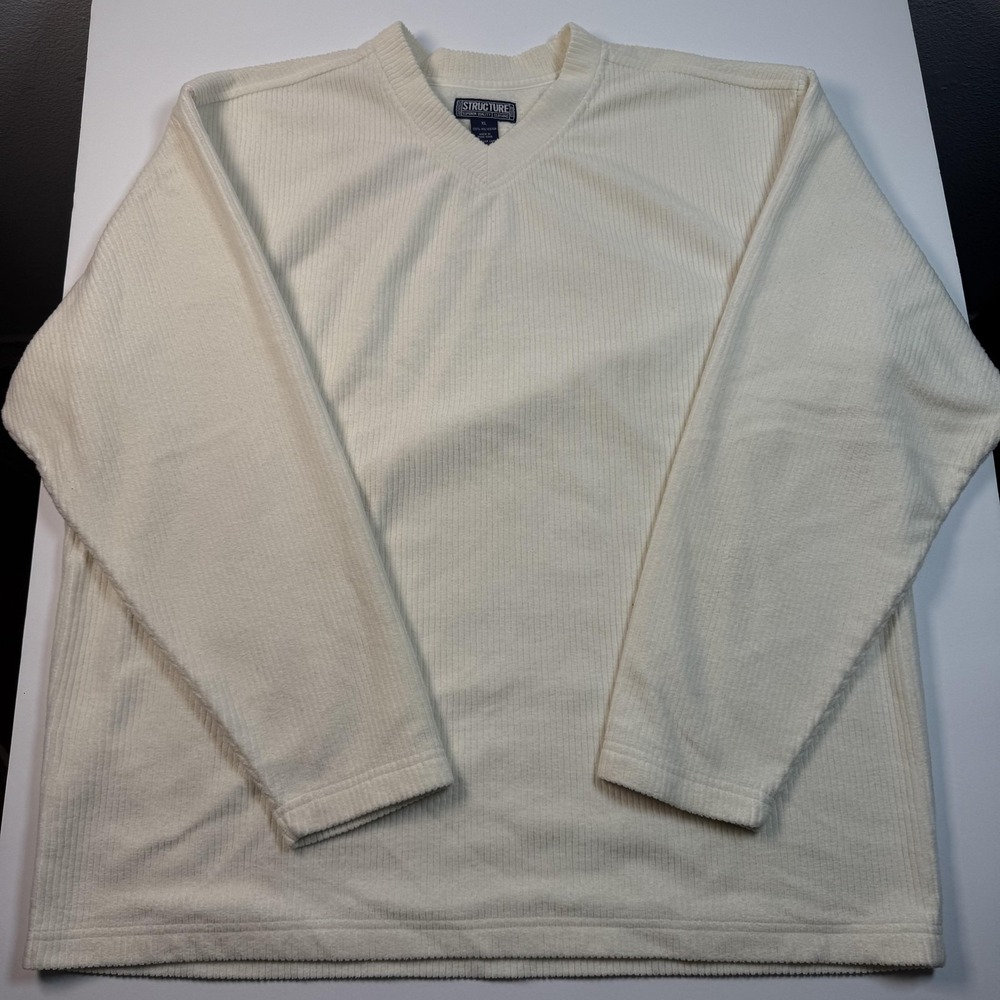 VINTAGE‎ Structure Sweater Mens XL Ivory V-Neck Ribbed Corduroy Look Fleece 90s